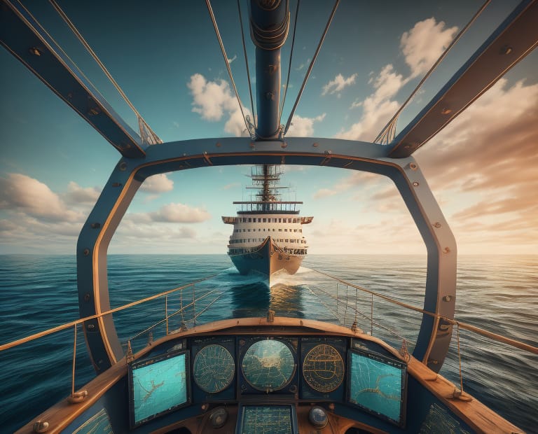 captains view from a ships steering wheel of a sea that is made of data